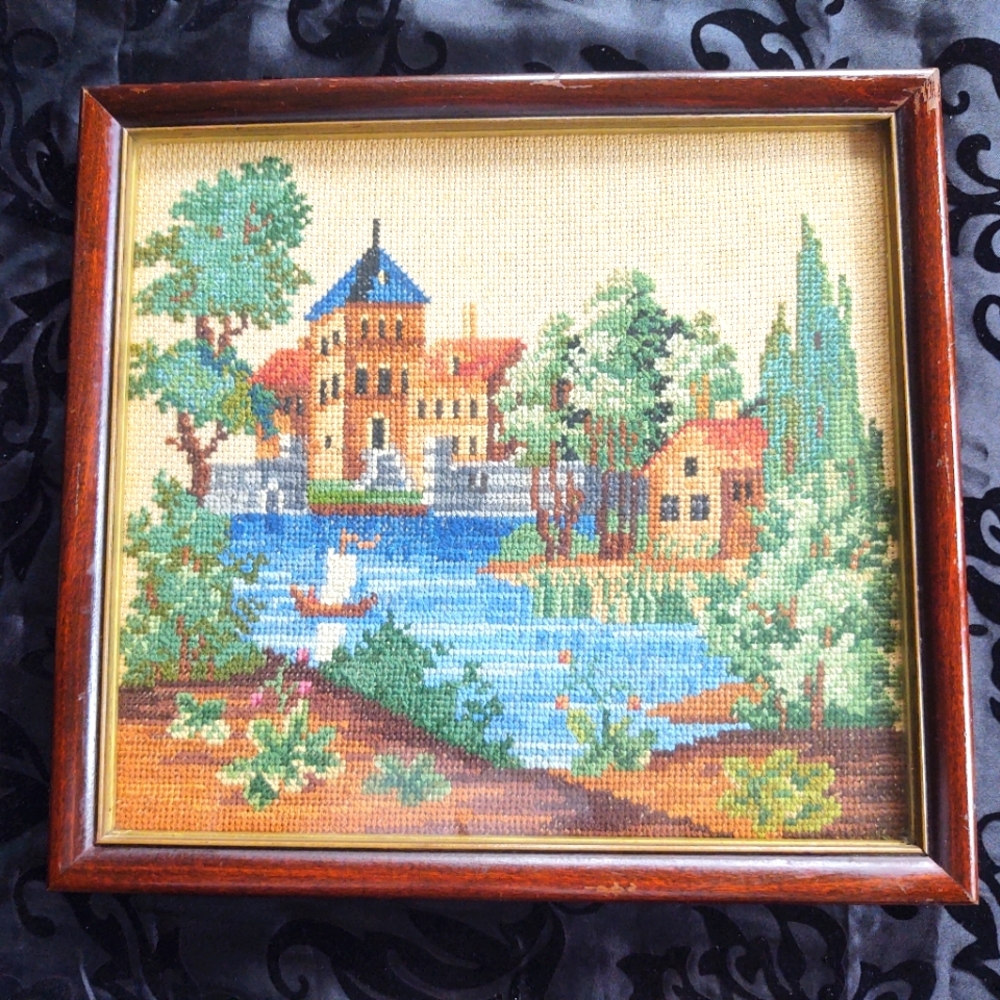 Needlepoint Framed Picture .. Vintage